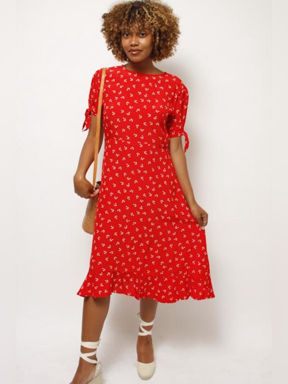 Faithfull the Brand Emilia Cherry Red Floral Tie-Detail Midi Dress Size 6